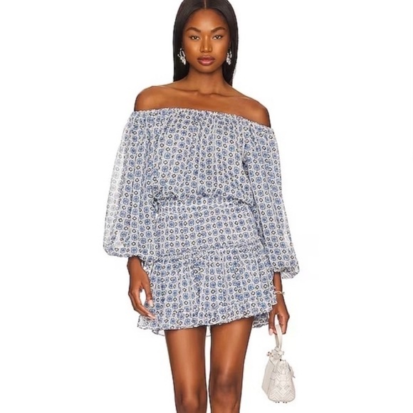 Misa Los Angeles Zonia Mini Dress Off Shoulder Blue XS Chic Preppy Garden Party - Picture 1 of 10
